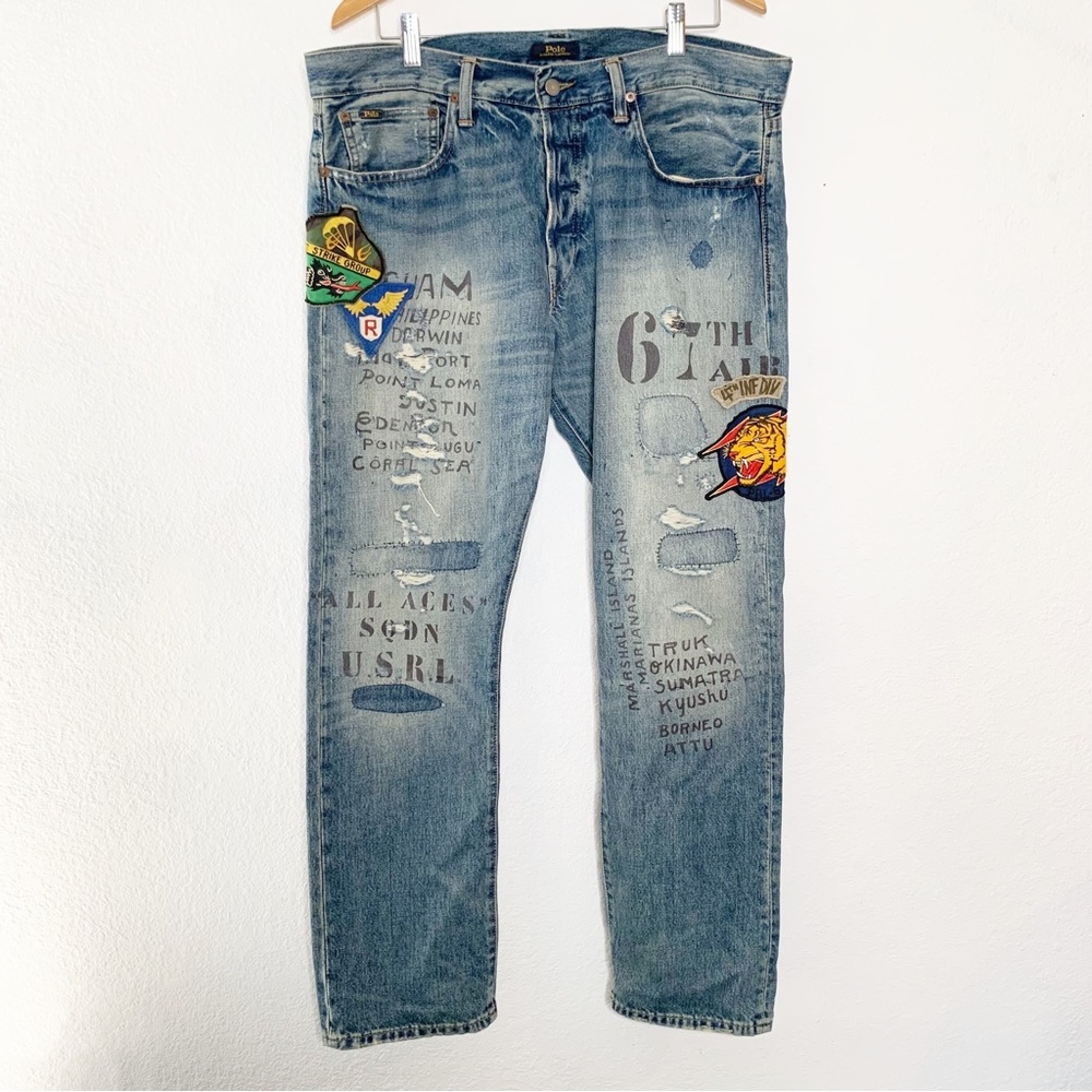 Polo R.L Varick Slim Straight Patchwork Distressed Military Jeans 35 X 30